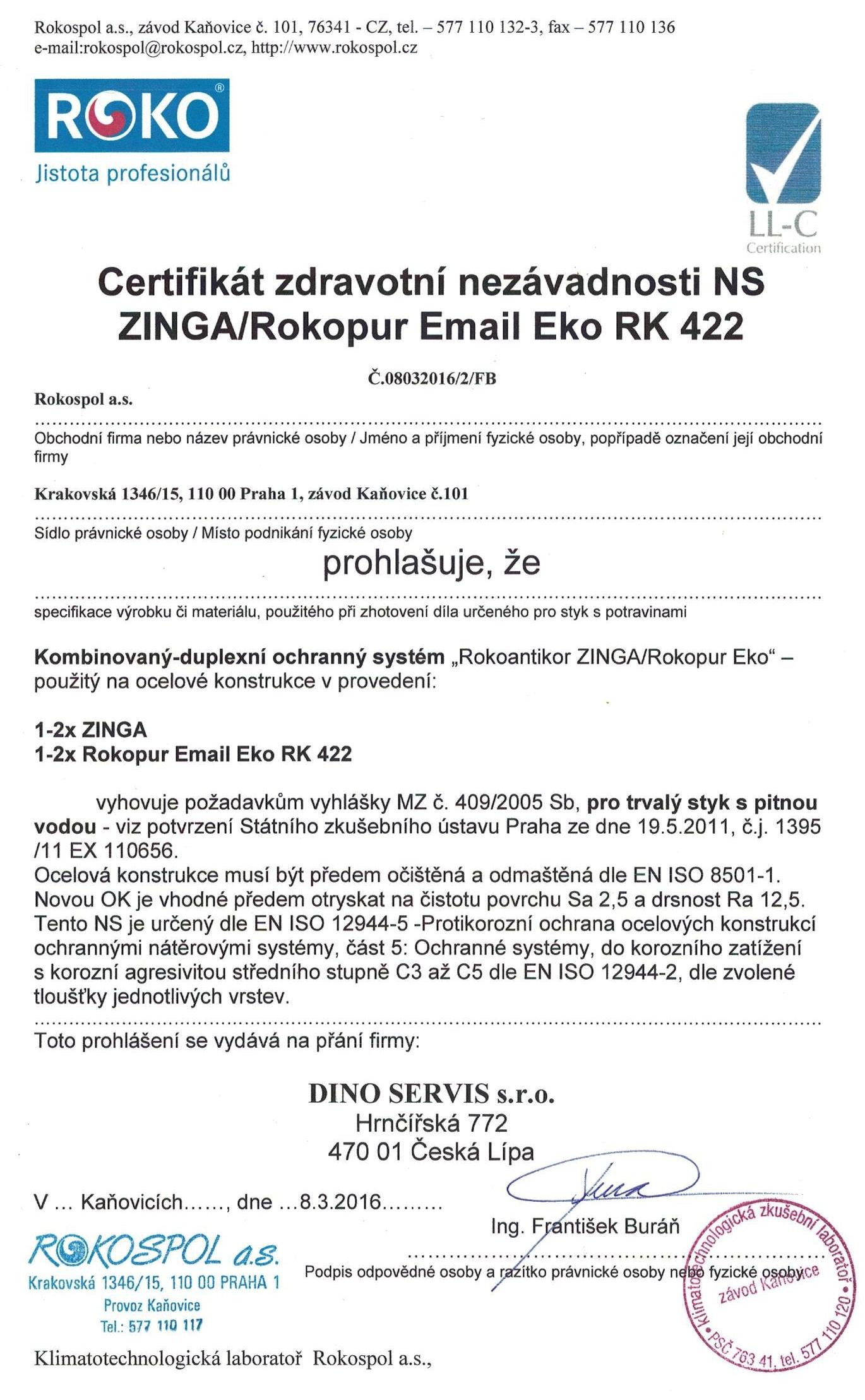 Certifikát pro Zinga a RK 422 pro DINO_uprav